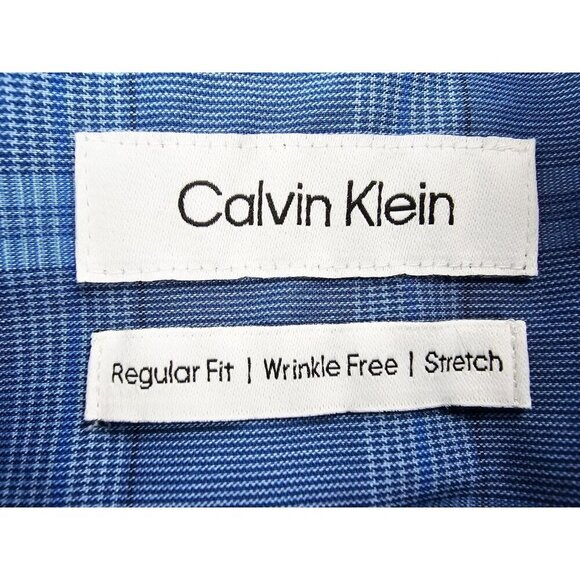 Calvin Klein 17-17.5 34-35 XL Mens Blue Check Regular Fit Wrinkle Free Stretch - Picture 4 of 10
